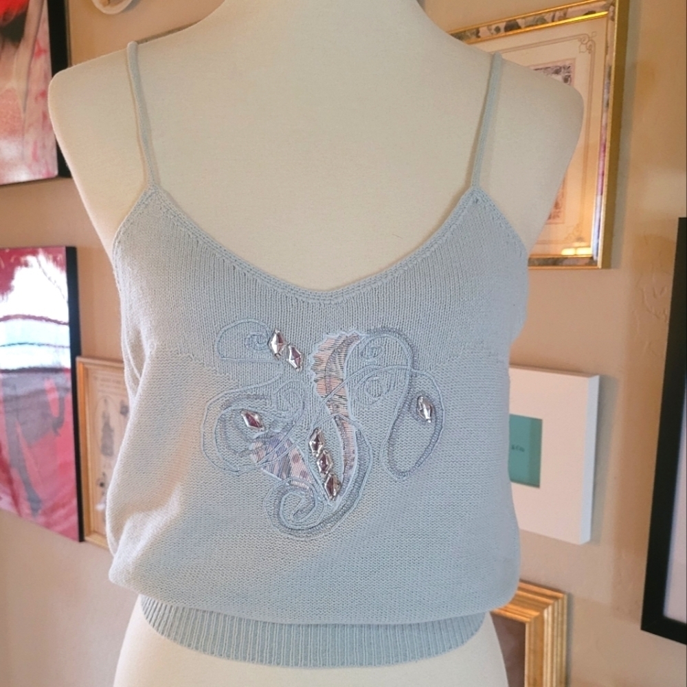 Vintage - 80's Marc D'Alcy Pale Blue Lambswool and Silk Embellished Tank Sweater - Picture 2 of 7